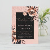 Elegante zwarte roze gouden bloemige verjaardags s kaart (Staand voorkant)