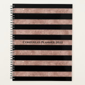 Elegante zwarte roze gouden glinsterende strepen planner (Voorkant)