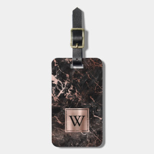 Elegante Zwarte Roze Gouden Marmer Monogram Vertic Bagagelabel