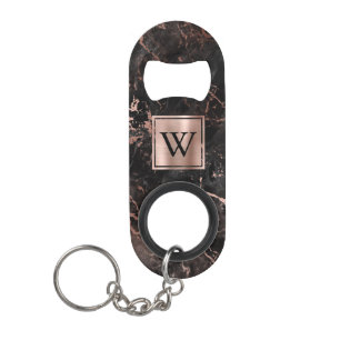 Elegante Zwarte Roze Gouden Marmeren Monogram Mini Flessenopener