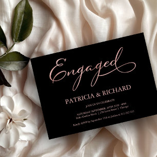 Elegante zwarte roze gouden script verlovingsfeest kaart