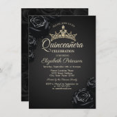 Elegante zwarte Rozen Gothic Quinceañera Uitnodigi Kaart (Voorkant / Achterkant)