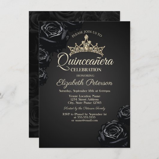 Elegante zwarte Rozen Gothic Quinceañera Uitnodigi Kaart (Voorkant / Achterkant)
