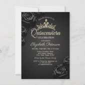 Elegante zwarte Rozen Gothic Quinceañera Uitnodigi Kaart (Voorkant)