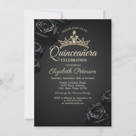 Elegante zwarte Rozen Gothic Quinceañera Uitnodigi Kaart (Voorkant)