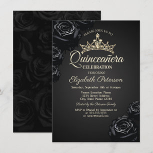 Elegante zwarte Rozen Gothic Quinceañera Uitnodigi Kaart