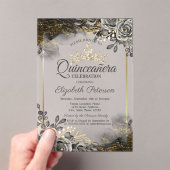 Elegante zwarte Rozen Gotische Quinceañera Acryl Uitnodigingen (Insitu (Draagbaar))
