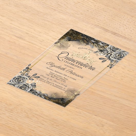 Elegante zwarte Rozen Gotische Quinceañera Acryl Uitnodigingen (Laagn)
