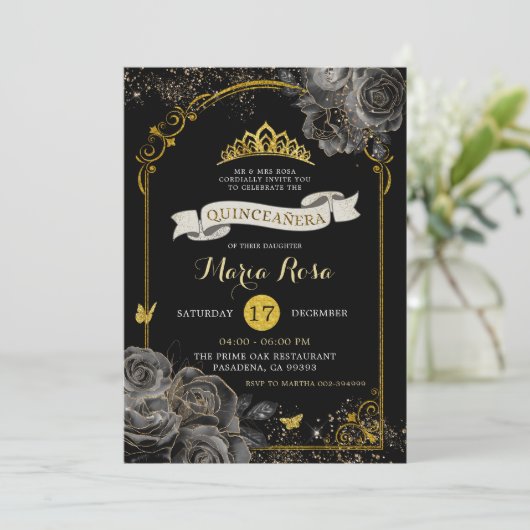 Elegante zwarte Rozen gouden koninklijke kroon qui Kaart (Staand voorkant)