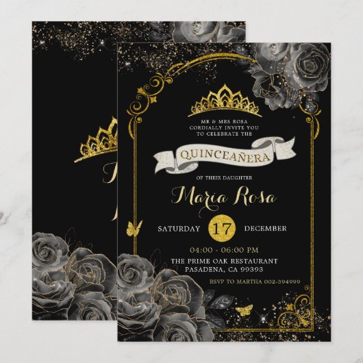 Elegante zwarte Rozen gouden koninklijke kroon qui Kaart (Voorkant / Achterkant)