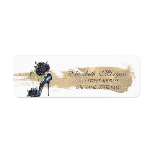 Elegante zwarte Rozen hoge hakken gouden penseelst Etiket (Voorkant)