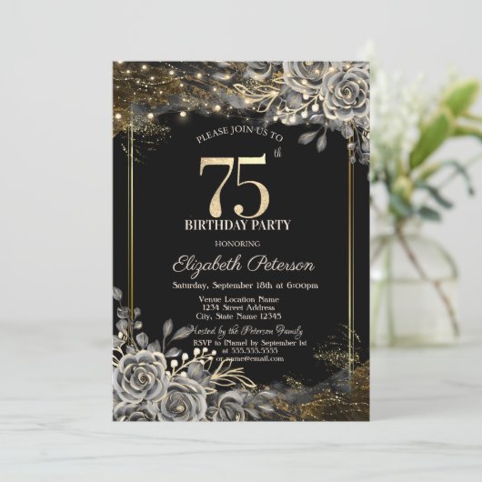 Elegante zwarte Rozen, Lichten zwart 75e Verjaarda Kaart (Staand voorkant)