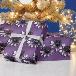 Elegante Zwarte Rozen Met Zilveren Bladeren Cadeaupapier