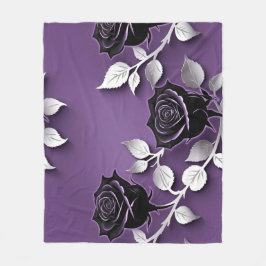 Elegante Zwarte Rozen Met Zilveren Bladeren Fleece Deken