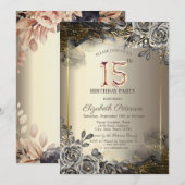 Elegante zwarte Rozen, String Lights 15th Birthday Kaart (Voorkant / Achterkant)