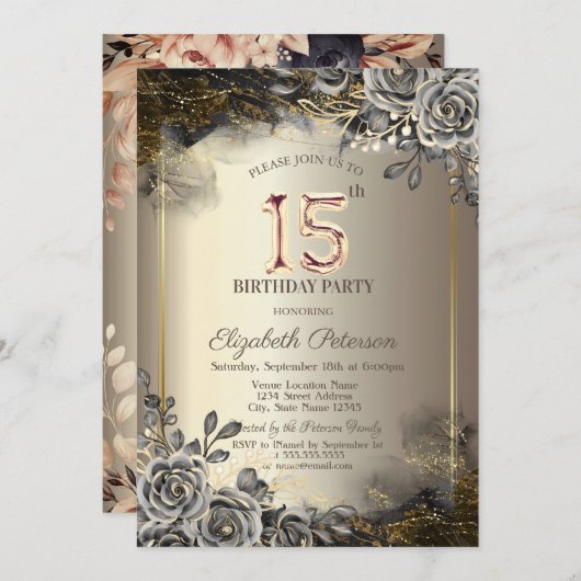 Elegante zwarte Rozen, String Lights 15th Birthday Kaart (Voorkant / Achterkant)