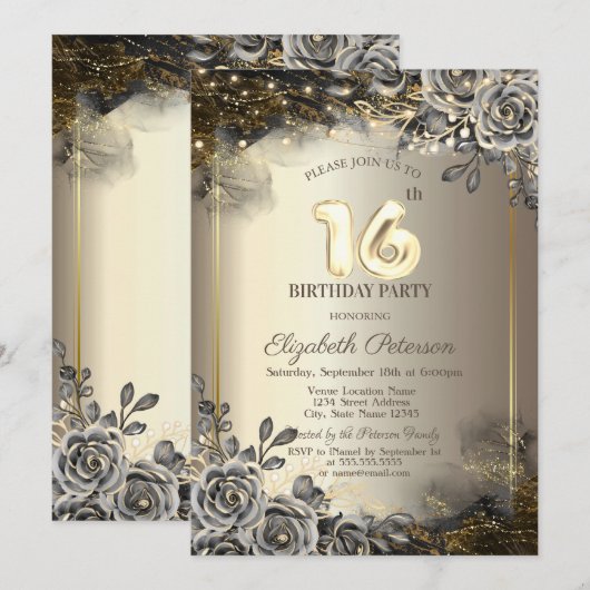 Elegante zwarte Rozen, String Lights 16th Birthday Kaart (Voorkant / Achterkant)