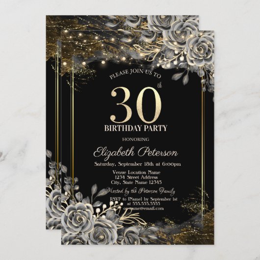 Elegante zwarte Rozen, String Lights 30th Verjaard Kaart (Voorkant / Achterkant)