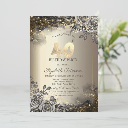 Elegante zwarte Rozen, String Lights 40th Verjaard Kaart (Staand voorkant)