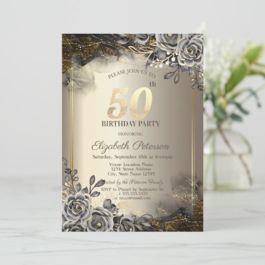 Elegante zwarte Rozen, String Lights 50th Verjaard Kaart (Staand voorkant)