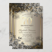 Elegante zwarte Rozen, String Lights 70th Verjaard Kaart (Voorkant / Achterkant)