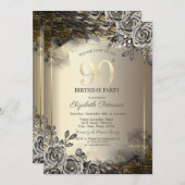 Elegante zwarte Rozen, String Lights 90th Verjaard Kaart (Voorkant / Achterkant)