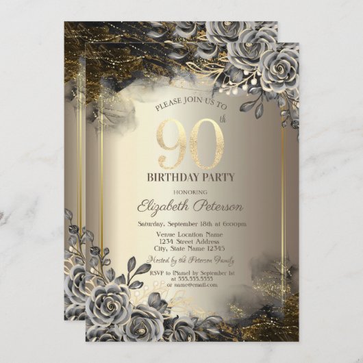 Elegante zwarte Rozen, String Lights 90th Verjaard Kaart (Voorkant / Achterkant)