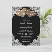 Elegante Zwarte Rustieke Harten Bloemen Kant Trouw Kaart (Staand voorkant)