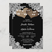 Elegante Zwarte Rustieke Harten Bloemen Kant Trouw Kaart (Voorkant / Achterkant)