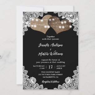 Elegante Zwarte Rustieke Harten Bloemen Kant Trouw Kaart
