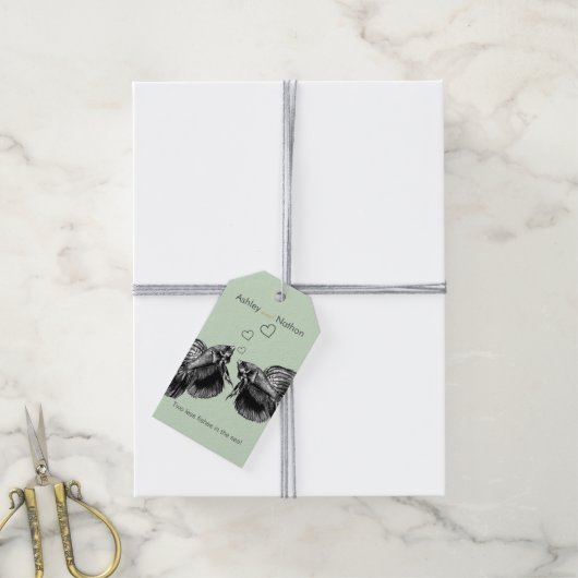 Elegante zwarte salie Waterverf vis bruiloft Cadeaulabel (Met Touw)