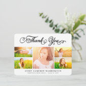 Elegante Zwarte Script Afstudeer 5 Foto Collage Bedankkaart (Staand voorkant)