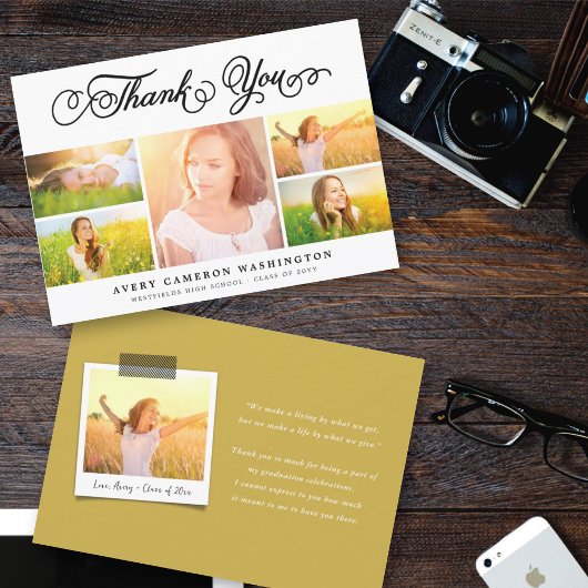 Elegante Zwarte Script Afstudeer 5 Foto Collage Bedankkaart