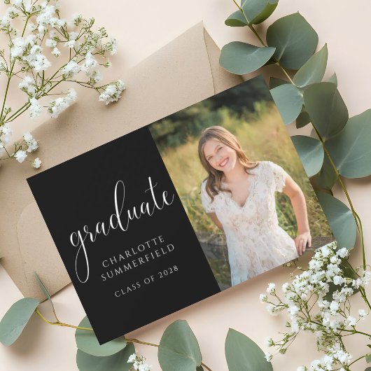 Elegante Zwarte Script Afstudeerfoto Uitnodiging