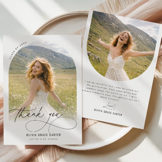 Elegante Zwarte Script Boog Foto Afstuderen Bedankkaart