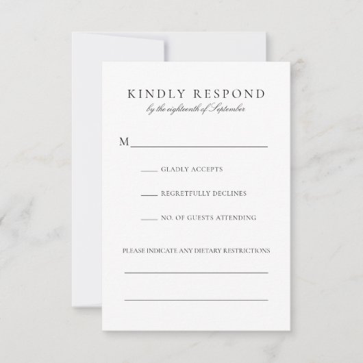 Elegante zwarte script dieet beperkingen bruiloft RSVP kaartje (Voorkant)