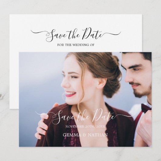 Elegante zwarte script foto save the date kaart (Voorkant / Achterkant)
