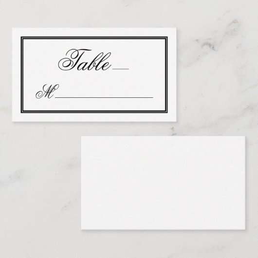 Elegante zwarte script kalligrafie op witte bruilo plaatskaartje (Voorkant / Achterkant)