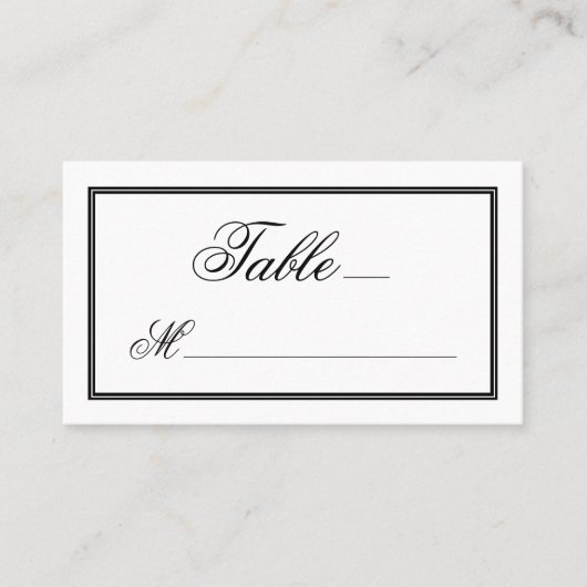 Elegante zwarte script kalligrafie op witte bruilo plaatskaartje (Voorkant)