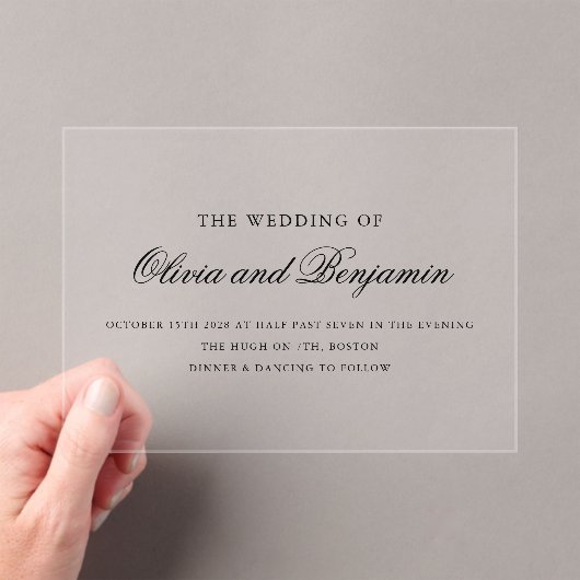 Elegante zwarte script minimale formele bruiloft acryl uitnodigingen (Insitu (Draagbaar))