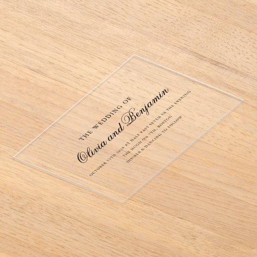 Elegante zwarte script minimale formele bruiloft acryl uitnodigingen (Laagn)