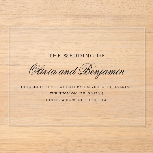 Elegante zwarte script minimale formele bruiloft acryl uitnodigingen (Voorkant)