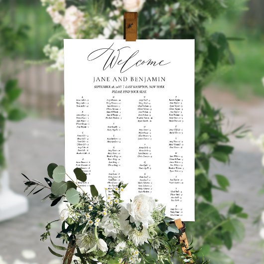 Elegante zwarte script minimale trouwstoelindeling poster