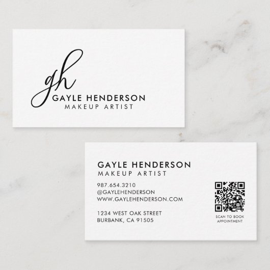Elegante zwarte script QR-code monogram make-up Visitekaartje (Voorkant / Achterkant)