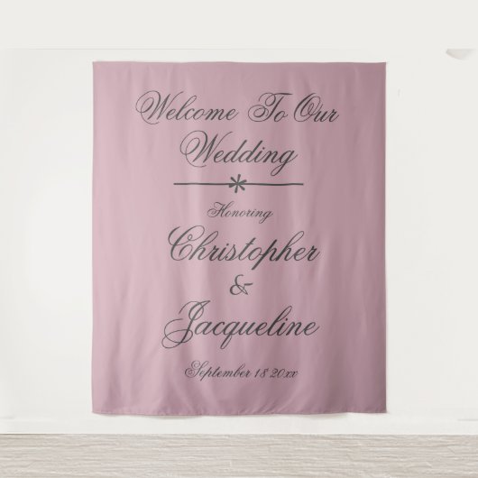 Elegante Zwarte Script Stof Roze Trouwfeest Wandkleed (Voorkant)