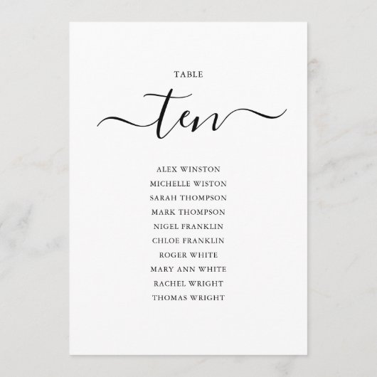 Elegante Zwarte Script Tafel Nummer 10 Stoelenplat Kaart (Achterkant)