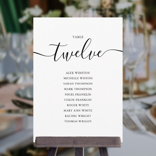 Elegante Zwarte Script Tafel Nummer 12 Zitplaatska Kaart