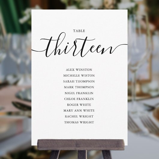 Elegante Zwarte Script Tafel Nummer 13 Zitplaatska Kaart