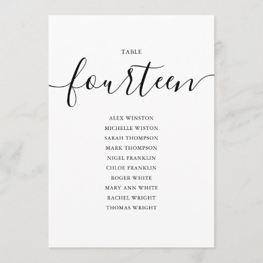 Elegante Zwarte Script Tafel Nummer 14 Zitplaatska Kaart (Voorkant)