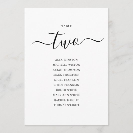 Elegante Zwarte Script Tafel Nummer 2 Zitplaatskaa Kaart (Voorkant)